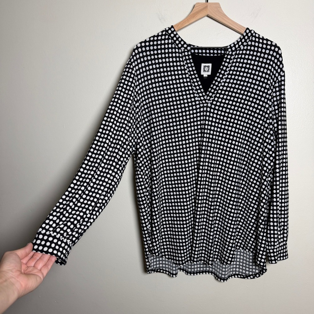 Anne Klein Womens Top 2X Black Polka Dot V-Neck Long Sleeve Blouse Office Career